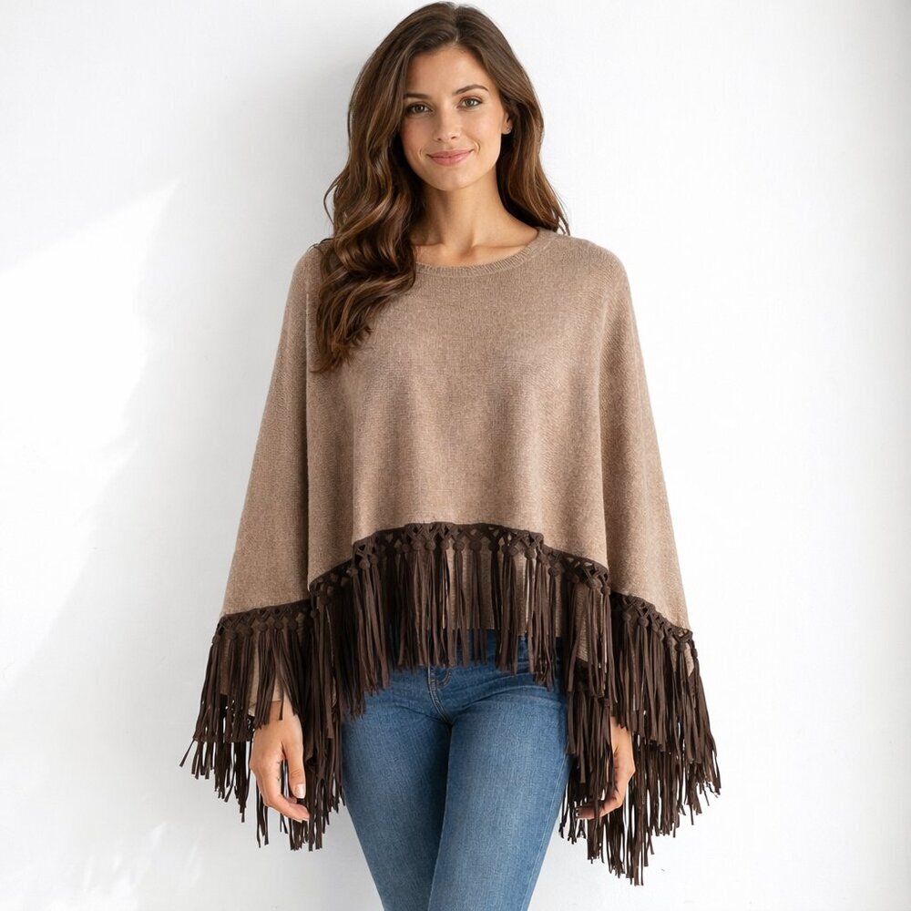 Tesma Cashmere Mushroom Beige Wool Cashmere Leather Fringe Poncho OS